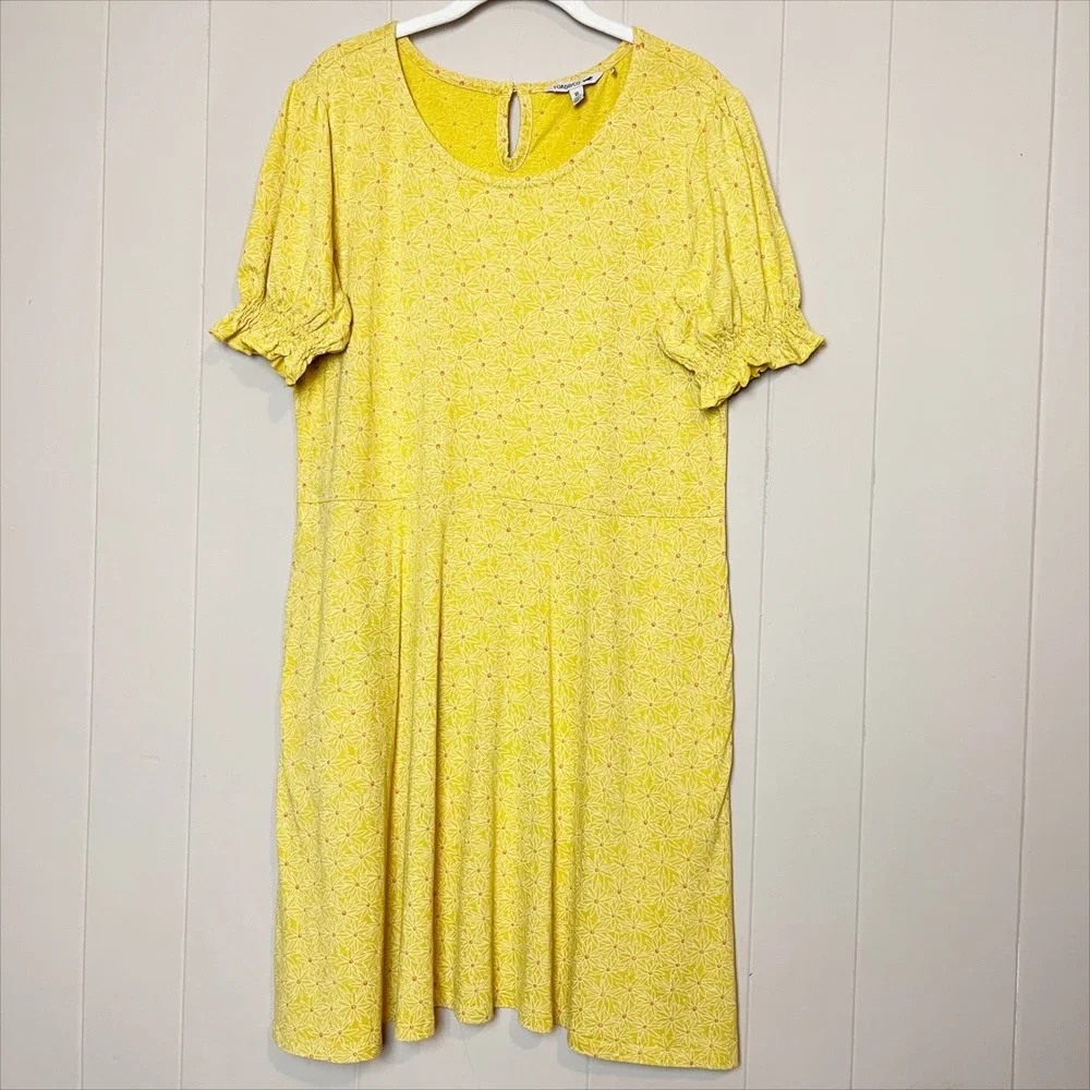 Toad & Co Laurel Dress XL yellow daisy floral short sleeve casual puffed sleeves